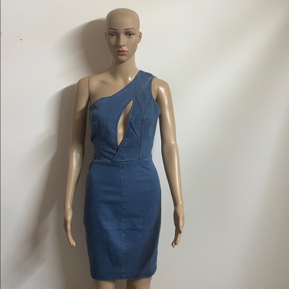 BUNDLE 2 ITEMS FOR $10 One Shoulder Cut Out Denim Bodycon Dress size M - Picture 2 of 5